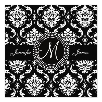 Monogram M Damask Black Wedding Invitations