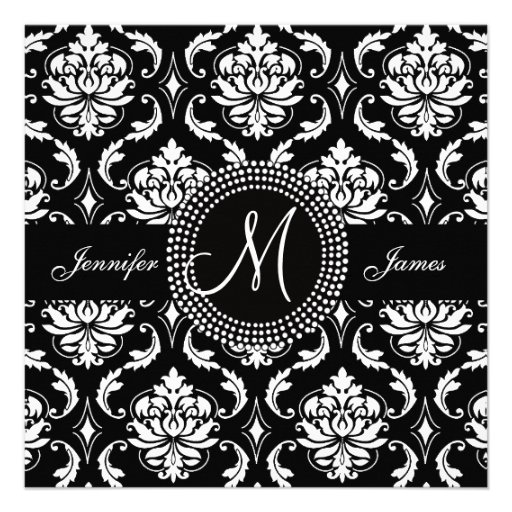 Monogram M Damask Black Wedding Invitations