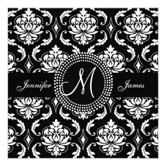 Monogram M Damask Black Wedding Invitations