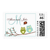 Monogram M Names Love Owls Wedding Postage Stamp