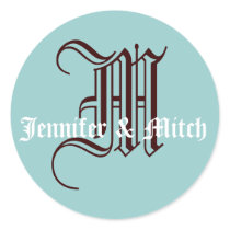 Monogram M Wedding Aqua & Espresso Favor Seal stickers by monogramgallery Monogram M Wedding Aqua & Espresso Favor Seal stickers