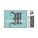 Monogram M Wedding Names Aqua Espresso Postage stamp