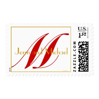 Monogram M Wedding Stamp Names Red White & Gold stamp