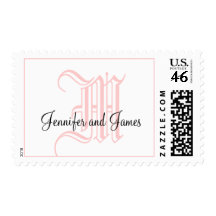 Monogram M Wedding Stamp with Names Pink & White