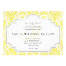 Monogram M Yellow  Damask Wedding Invitations