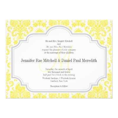 Monogram M Yellow Damask Wedding Invitations