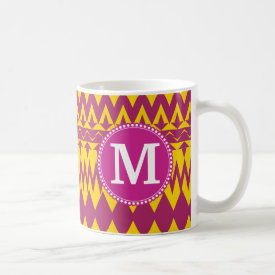 Monogram Magenta Pink Purple Yellow Tribal Pattern Mug
