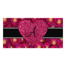 Monogram Maroon pink roses pink heart Custom Photo Card
