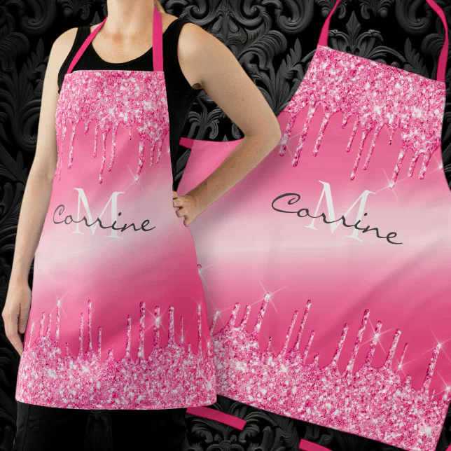 Monogram Metallic Hot Pink Dripping Glitter Name Apron Zazzle