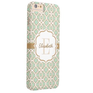 Monogram Mint Green and Gold Quatrefoil Barely There iPhone 6 Plus Case