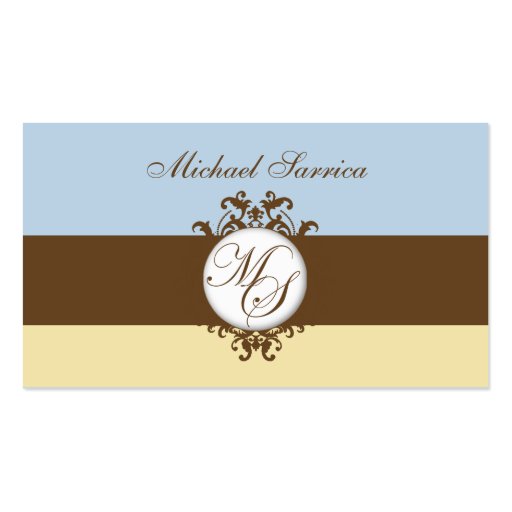 Monogram MS Brown Damask Blue Cream Gift Tag Business Card Template