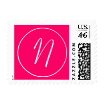 Monogram N Hot Pink & White Wedding USPS Postage