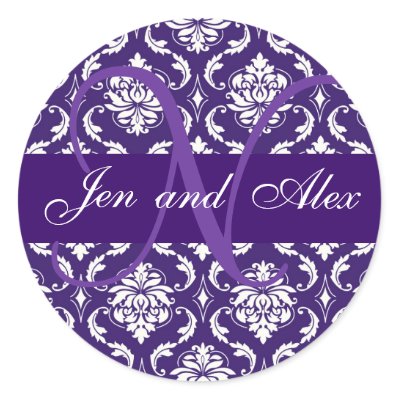 Monogram N Purple Damask Wedding Favor Sticker