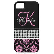 Monogram Name Black Pink Damask iPhone 5 Case