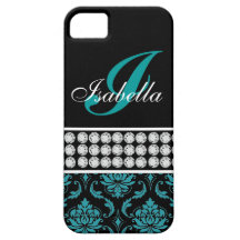 Monogram Name Black Turquoise Damask iPhone 5 Case