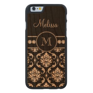Monogram Name Black White Damask Pattern Carved® Cherry iPhone 6 Slim Case