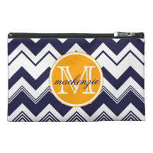 Monogram Name Navy Blue White Chevron Pattern Travel Accessory Bags
