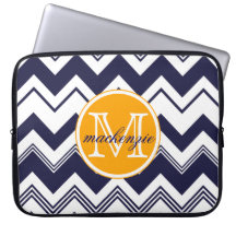 Monogram Name Navy Blue White Chevron Pattern Laptop Computer Sleeve