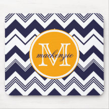Monogram Name Navy Blue White Chevron Pattern Mouse Pads