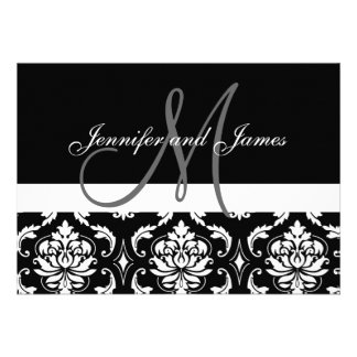 Monogram Names Black Damask Wedding Invitations