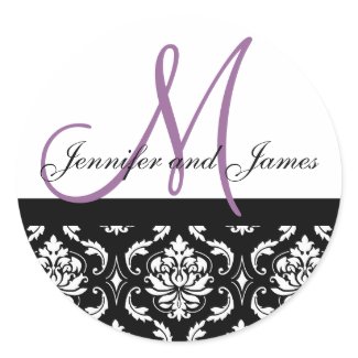 Monogram & Names Damask Plum Wedding Sticker sticker
