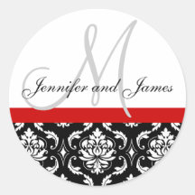Monogram & Names Damask Red Wedding Sticker