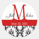 Monogram Names Date Damask Wedding Red White Stickers