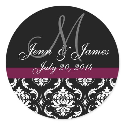 Monogram Names Date Wine Damask Wedding Seal Stickers