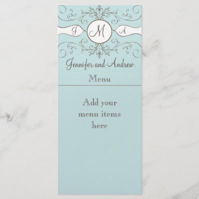 Monogram Names Wedding Menu Cards Blue Full Color Rack Card