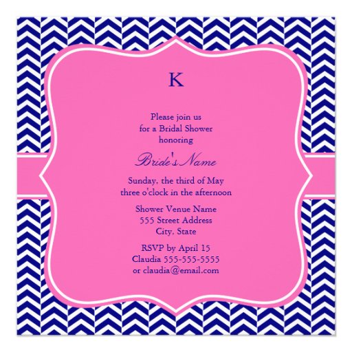 Monogram Navy Blue with Hot Pink Chevron Bridal Invites