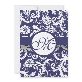 Monogram Navy Damask Swirls Wedding Invitation invitation