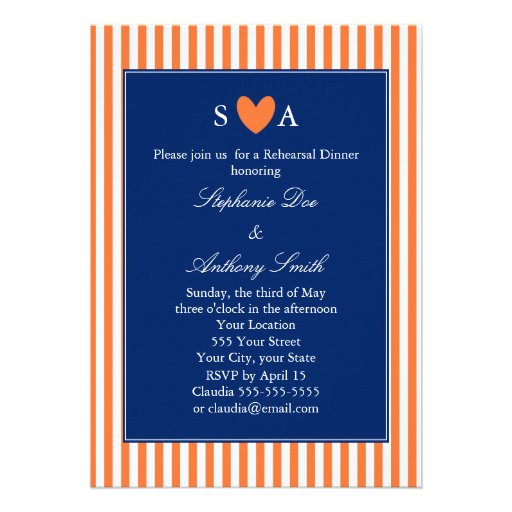 Monogram Orange and White Stripes with Royal Blue Invitations