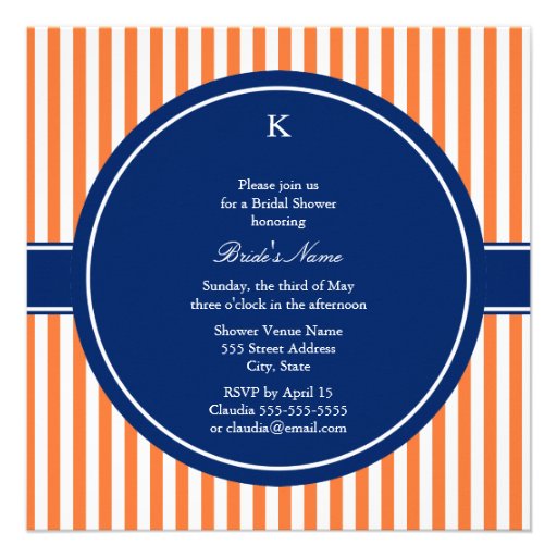 Monogram Orange and White Stripes with Royal Blue Personalized Invitation