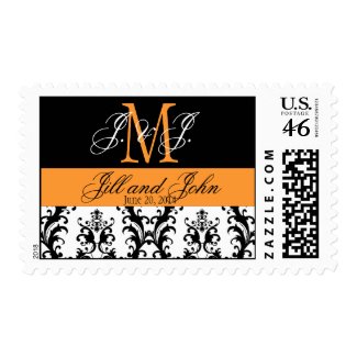 Monogram Orange Black White Wedding USPS Postage stamp