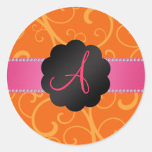 Monogram orange swirls round stickers