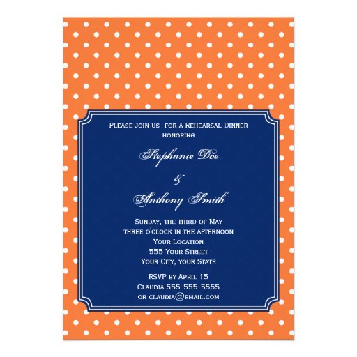 Monogram Orange, White Polka Dot with Royal Blue Invitation