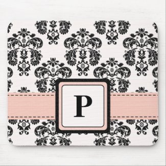 Monogram Pink and Black Damask Mouse Pad mousepad