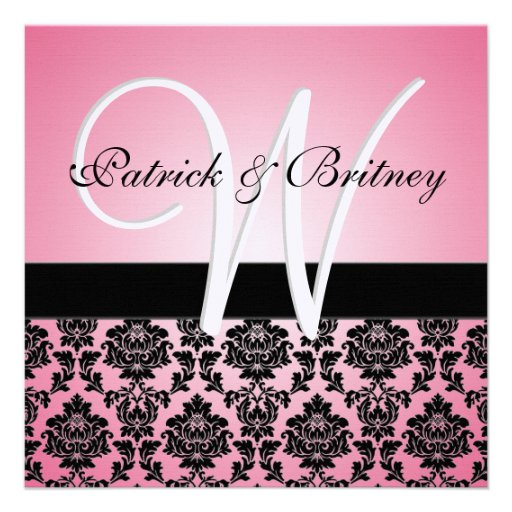 Monogram Pink & Black Damask Wedding Invitations