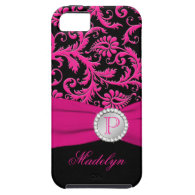 Monogram hot Pink Black Silver Damask and ribbon bow iPhone 5 Case