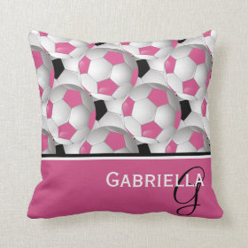 Monogram Pink Black Soccer Ball Pattern Throw Pillow