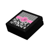 Monogram Pink, Black, White Damask Trinket Box