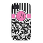 Monogram Pink, Black, White Striped Damask Vibe iPhone 4 Cover