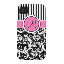 Monogram Pink, Black, White Striped Damask Vibe iPhone 4 Cover