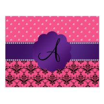 Monogram pink damask and diamonds post cards