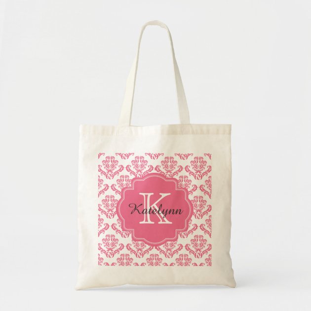 Monogram Pink Damask Pattern Custom Tote Bag