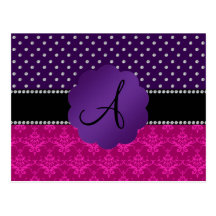 Monogram pink damask purple diamonds postcard