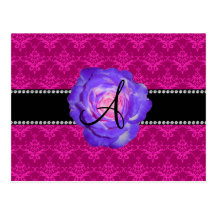 Monogram pink damask purple rose postcards