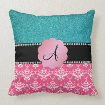 Monogram pink damask turquoise glitter pillow