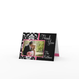 Monogram Pink Damask Wedding Photo Thank You #2 card