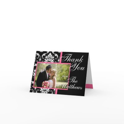 Monogram Pink Damask Wedding Photo Thank You Card